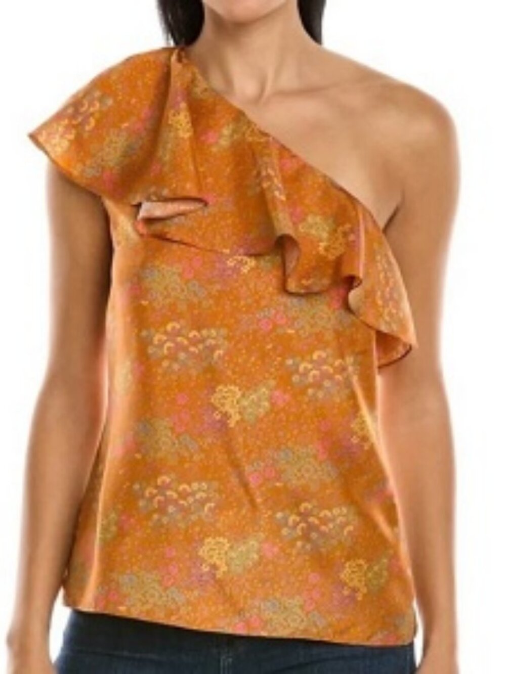 NWT Womens Rebecca Taylor 100% Silk Isabelle Brown Floral One Shoulder Blouse 2